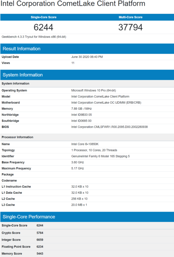 Intel Core i9 10850K 10 Core Desktop CPU Leak e160b